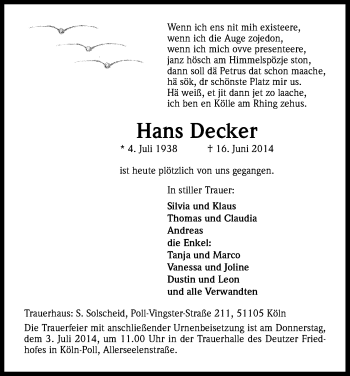 Anzeige von Hans Decker von Kölner Stadt-Anzeiger / Kölnische Rundschau / Express