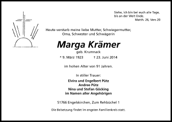 Anzeige von Marga Krämer von Kölner Stadt-Anzeiger / Kölnische Rundschau / Express
