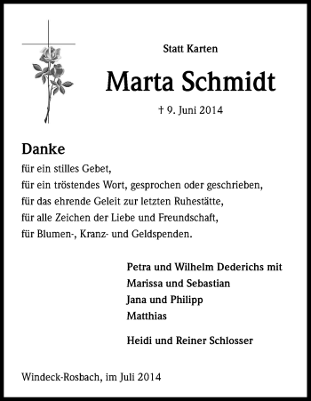 Anzeige von Marta Schmidt von Kölner Stadt-Anzeiger / Kölnische Rundschau / Express