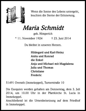 Anzeige von Maria Schmidt von Kölner Stadt-Anzeiger / Kölnische Rundschau / Express