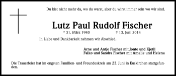 Anzeige von Lutz Paul Rudolf Fischer von Kölner Stadt-Anzeiger / Kölnische Rundschau / Express