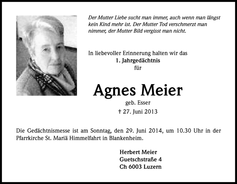  Traueranzeige für Agnes Meier vom 27.06.2014 aus Kölner Stadt-Anzeiger / Kölnische Rundschau / Express