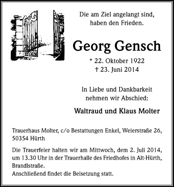 Anzeige von Georg Gensch von Kölner Stadt-Anzeiger / Kölnische Rundschau / Express