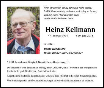 Anzeige von Heinz Kellmann von Kölner Stadt-Anzeiger / Kölnische Rundschau / Express