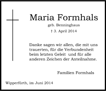 Anzeige von Maria Formhals von Kölner Stadt-Anzeiger / Kölnische Rundschau / Express