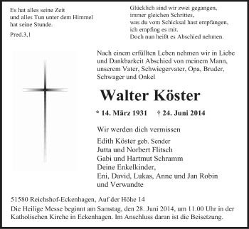 Anzeige von Walter Köster von Kölner Stadt-Anzeiger / Kölnische Rundschau / Express