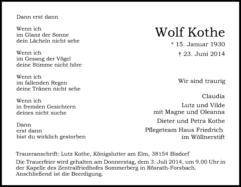 Traueranzeige für Wolf Kothe vom 26.06.2014 aus Kölner Stadt-Anzeiger / Kölnische Rundschau / Express
