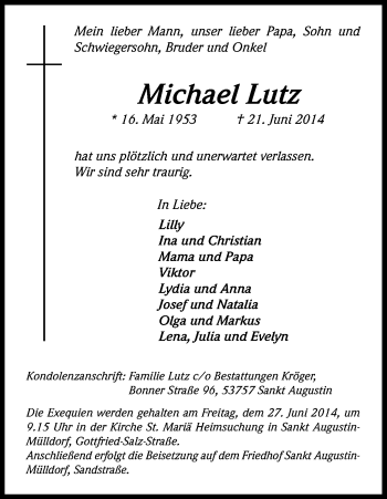 Anzeige von Michael Lutz von Kölner Stadt-Anzeiger / Kölnische Rundschau / Express