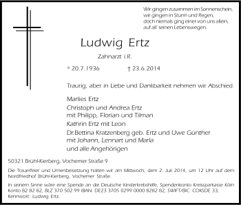 Anzeige von Ludwig Ertz von Kölner Stadt-Anzeiger / Kölnische Rundschau / Express