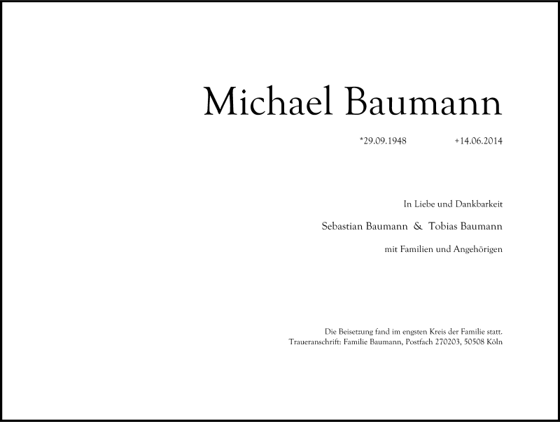  Traueranzeige für Michael Baumann vom 28.06.2014 aus Kölner Stadt-Anzeiger / Kölnische Rundschau / Express