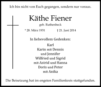 Anzeige von Käthe Fiener von Kölner Stadt-Anzeiger / Kölnische Rundschau / Express