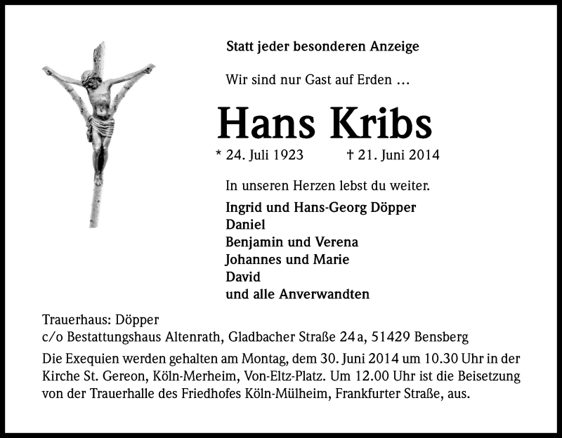  Traueranzeige für Hans Kribs vom 26.06.2014 aus Kölner Stadt-Anzeiger / Kölnische Rundschau / Express