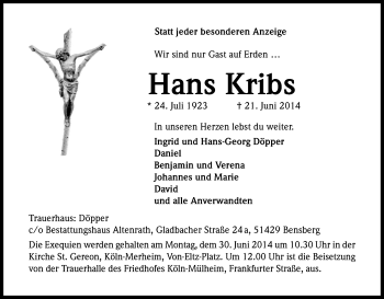 Anzeige von Hans Kribs von Kölner Stadt-Anzeiger / Kölnische Rundschau / Express