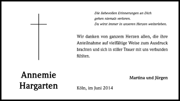 Anzeige von Annemie Hargarten von Kölner Stadt-Anzeiger / Kölnische Rundschau / Express