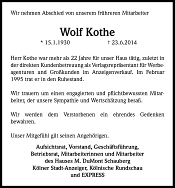 Anzeige von Wolf Kothe von Kölner Stadt-Anzeiger / Kölnische Rundschau / Express