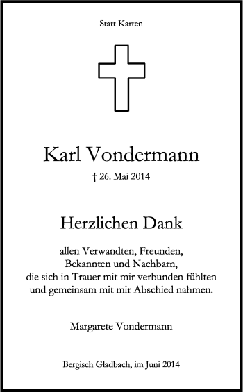 Anzeige von Karl Vondermann von Kölner Stadt-Anzeiger / Kölnische Rundschau / Express