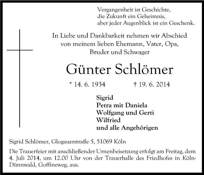  Traueranzeige für Günter Schlömer vom 28.06.2014 aus Kölner Stadt-Anzeiger / Kölnische Rundschau / Express