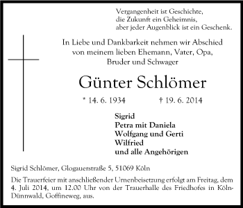 Anzeige von Günter Schlömer von Kölner Stadt-Anzeiger / Kölnische Rundschau / Express