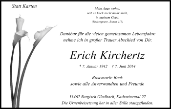 Anzeige von Erich Kirchertz von Kölner Stadt-Anzeiger / Kölnische Rundschau / Express