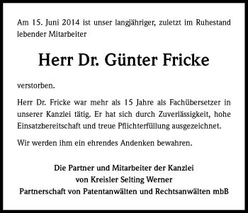 Anzeige von Günter Fricke von Kölner Stadt-Anzeiger / Kölnische Rundschau / Express
