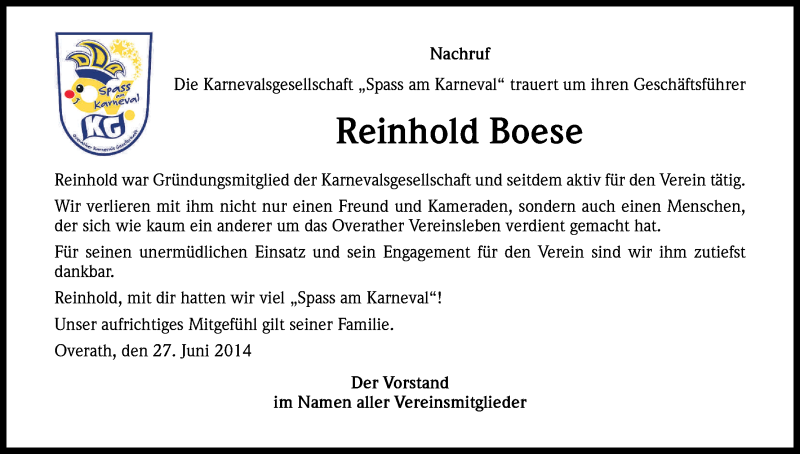  Traueranzeige für Reinhold Boese vom 28.06.2014 aus Kölner Stadt-Anzeiger / Kölnische Rundschau / Express