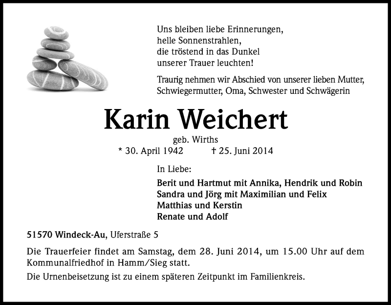  Traueranzeige für Karin Weichert vom 26.06.2014 aus Kölner Stadt-Anzeiger / Kölnische Rundschau / Express
