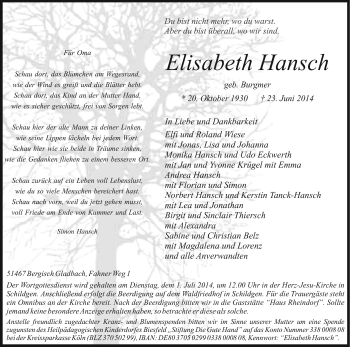 Anzeige von Elisabeth Hansch von Kölner Stadt-Anzeiger / Kölnische Rundschau / Express