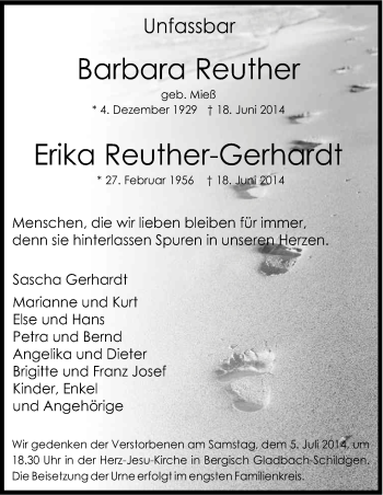 Anzeige von Erika Reuther-Gerhardt von Kölner Stadt-Anzeiger / Kölnische Rundschau / Express