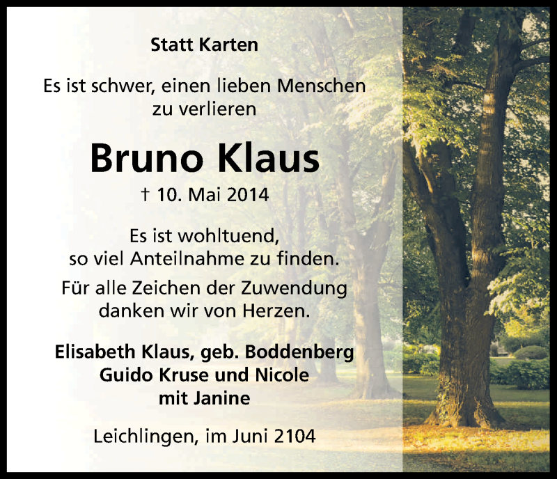  Traueranzeige für Bruno Klaus vom 28.06.2014 aus Kölner Stadt-Anzeiger / Kölnische Rundschau / Express