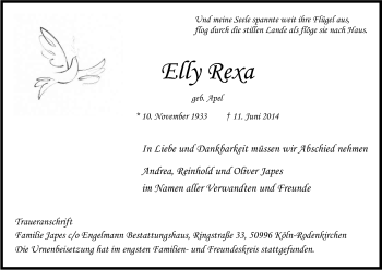 Anzeige von Elly Rexa von Kölner Stadt-Anzeiger / Kölnische Rundschau / Express