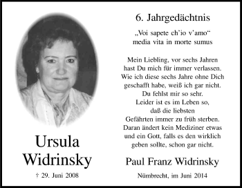 Anzeige von Ursula Widrinsky von Kölner Stadt-Anzeiger / Kölnische Rundschau / Express