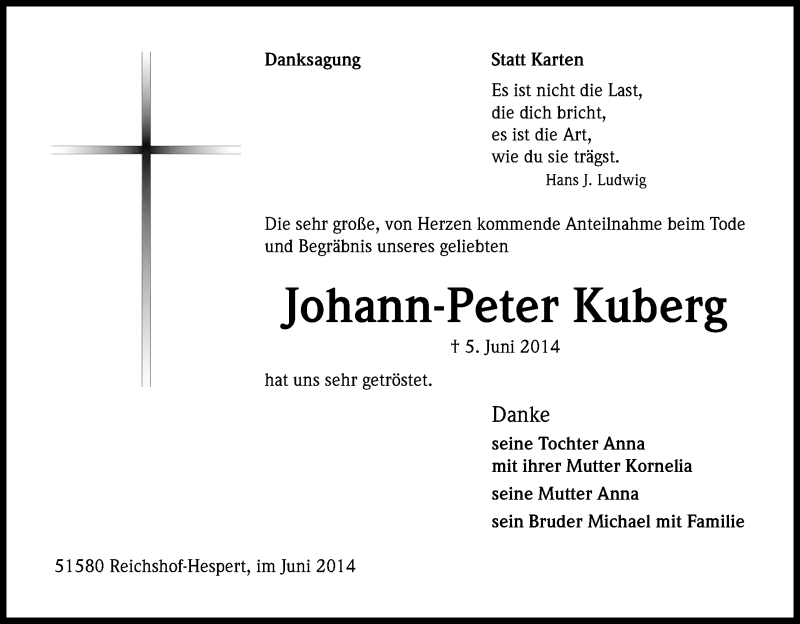  Traueranzeige für Johann-Peter Kuberg vom 28.06.2014 aus Kölner Stadt-Anzeiger / Kölnische Rundschau / Express