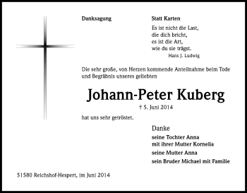 Anzeige von Johann-Peter Kuberg von Kölner Stadt-Anzeiger / Kölnische Rundschau / Express