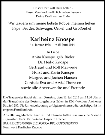 Anzeige von Karlheinz Knospe von Kölner Stadt-Anzeiger / Kölnische Rundschau / Express