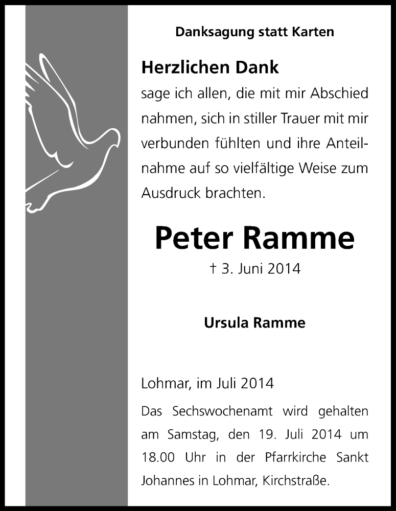  Traueranzeige für Peter Ramme vom 12.07.2014 aus Kölner Stadt-Anzeiger / Kölnische Rundschau / Express