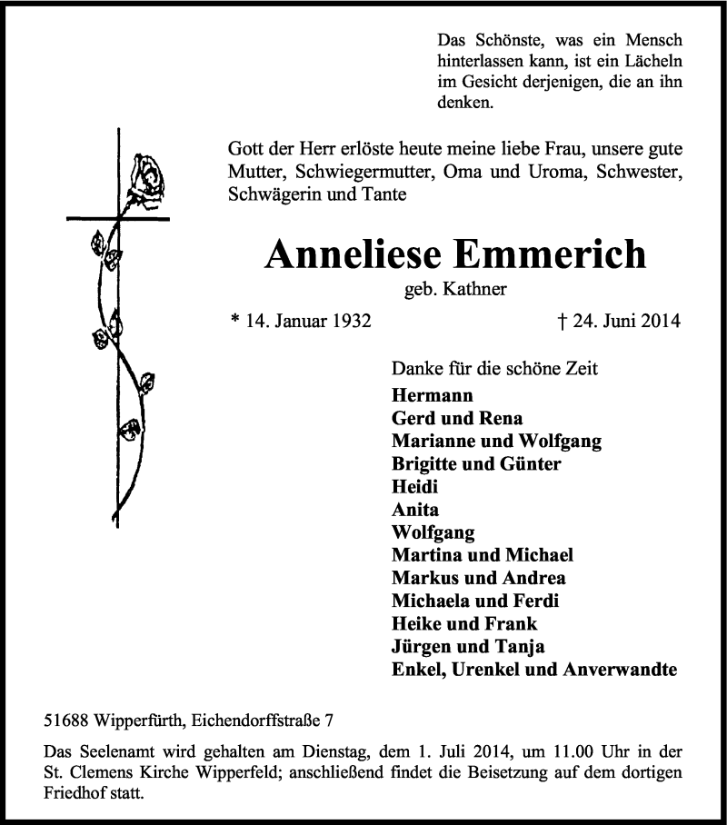  Traueranzeige für Anneliese Emmerich vom 27.06.2014 aus Kölner Stadt-Anzeiger / Kölnische Rundschau / Express