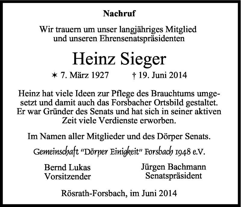  Traueranzeige für Heinz Sieger vom 27.06.2014 aus Kölner Stadt-Anzeiger / Kölnische Rundschau / Express