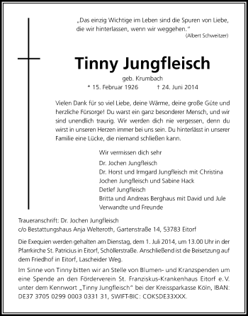 Anzeige von Tinny Jungfleisch von Kölner Stadt-Anzeiger / Kölnische Rundschau / Express