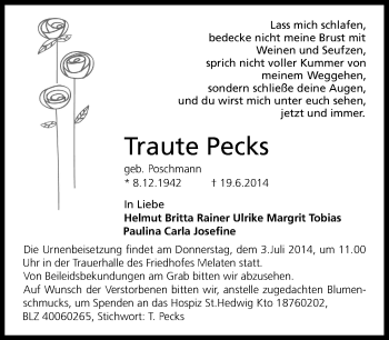Anzeige von Traute Pecks von Kölner Stadt-Anzeiger / Kölnische Rundschau / Express