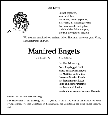 Anzeige von Manfred Engels von Kölner Stadt-Anzeiger / Kölnische Rundschau / Express
