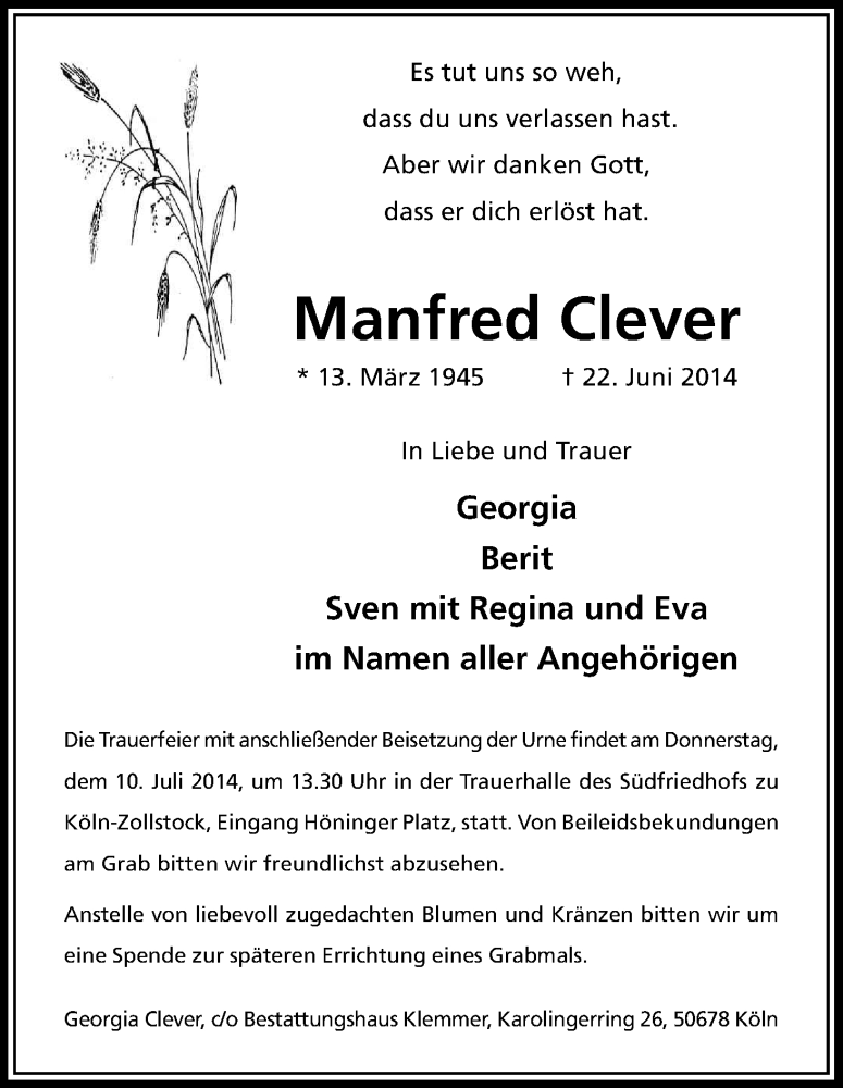  Traueranzeige für Manfred Clever vom 05.07.2014 aus Kölner Stadt-Anzeiger / Kölnische Rundschau / Express