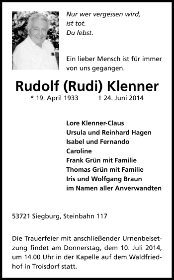 Anzeige von Rudolf Klenner von Kölner Stadt-Anzeiger / Kölnische Rundschau / Express