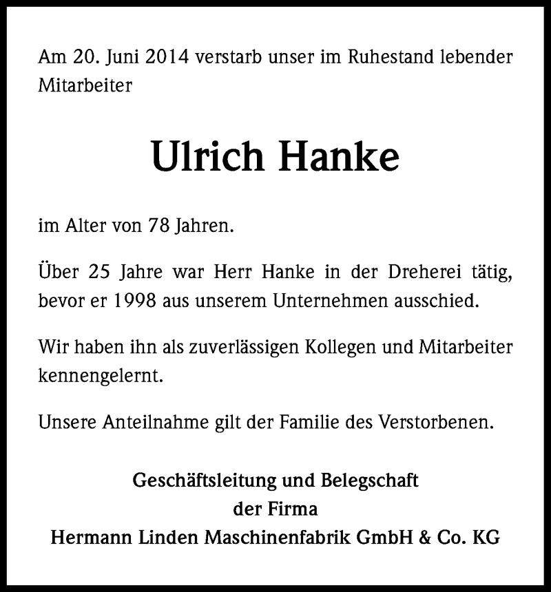  Traueranzeige für Ulrich Hanke vom 27.06.2014 aus Kölner Stadt-Anzeiger / Kölnische Rundschau / Express