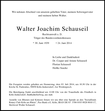 Anzeige von Walter Joachim Schauseil von Kölner Stadt-Anzeiger / Kölnische Rundschau / Express