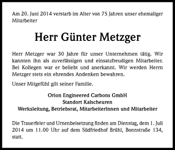 Anzeige von Günter Metzger von Kölner Stadt-Anzeiger / Kölnische Rundschau / Express