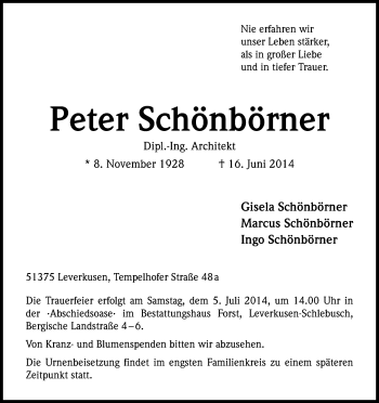 Anzeige von Peter Schönbörner von Kölner Stadt-Anzeiger / Kölnische Rundschau / Express