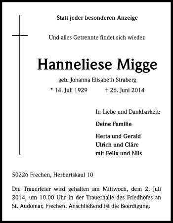 Anzeige von Hanneliese Migge von Kölner Stadt-Anzeiger / Kölnische Rundschau / Express