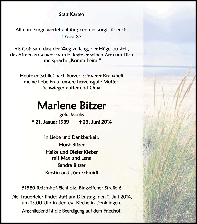  Traueranzeige für Marlene Bitzer vom 28.06.2014 aus Kölner Stadt-Anzeiger / Kölnische Rundschau / Express