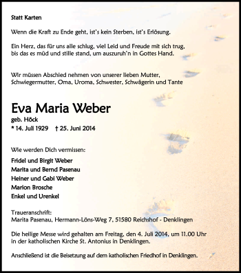 Anzeige von Eva Maria Weber von Kölner Stadt-Anzeiger / Kölnische Rundschau / Express