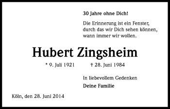 Anzeige von Hubert Zingsheim von Kölner Stadt-Anzeiger / Kölnische Rundschau / Express